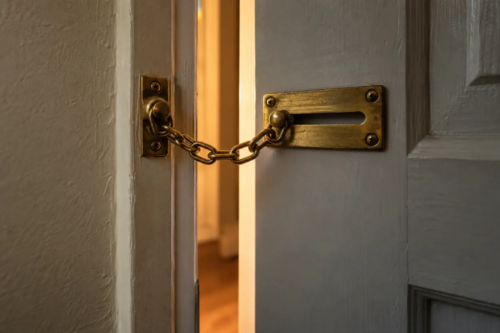 A brass door chain latch fastened across a slightly open front door with warm evening light in the gap, Southern California