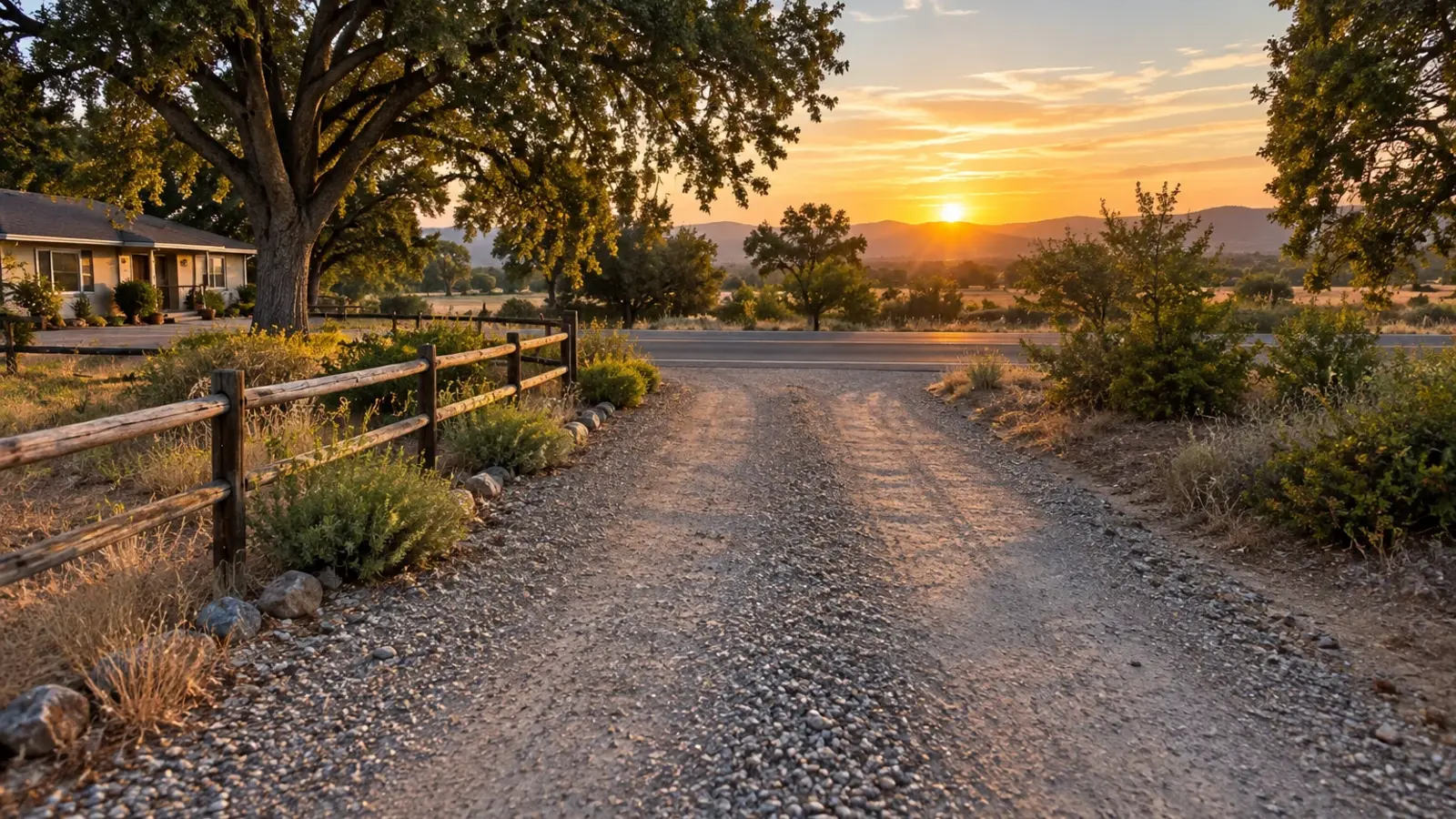 A long gravel driveway leading away from a modest single story home toward an open two lane road at golden hour, split rail fence, mature oaks, Wildomar CA