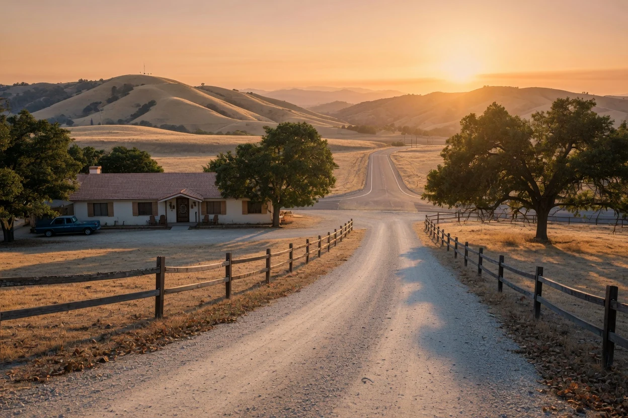A long gravel driveway leading away from a ranch house toward open road and gold foothills at golden hour, Southwest Riverside County CA