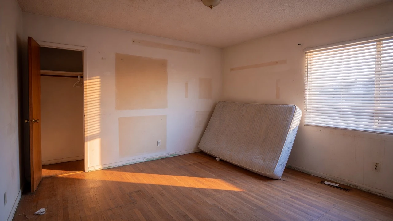 An emptied bedroom with bare floors and a stripped mattress against the wall, late afternoon light through open blinds, Southwest Riverside County CA