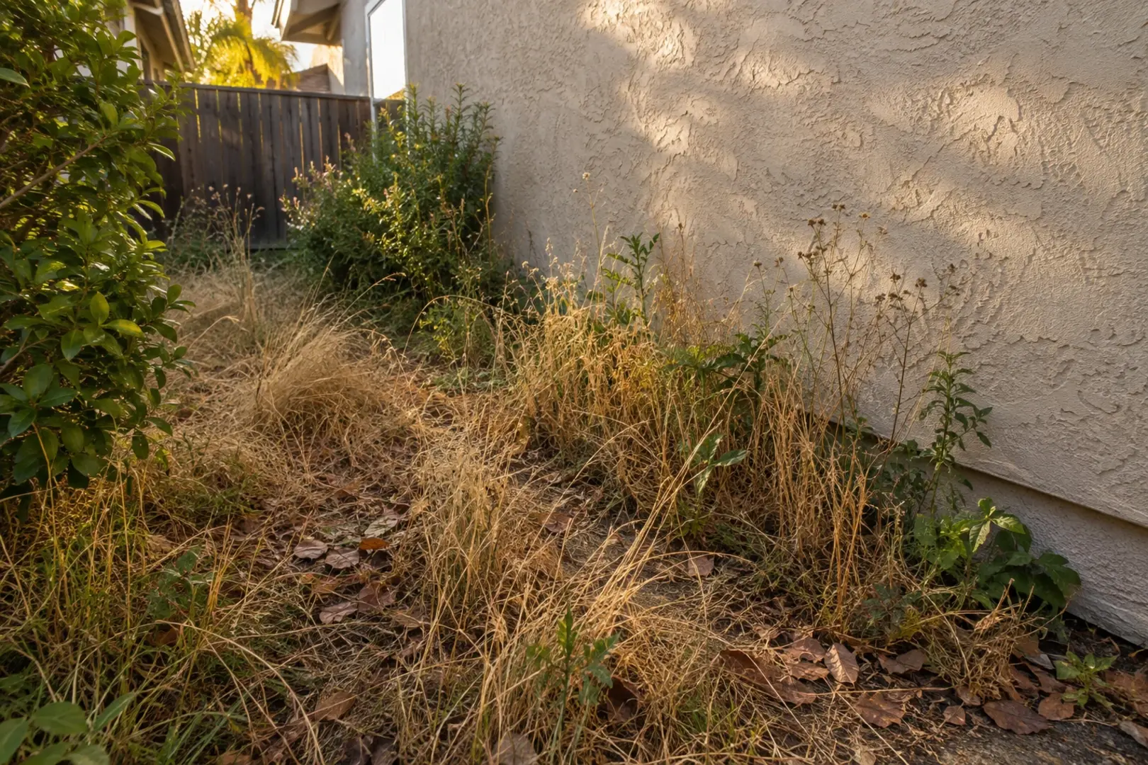 A close view of an overgrown side yard corner against a stucco wall, dry grass and scattered leaves, late golden light, Southern California