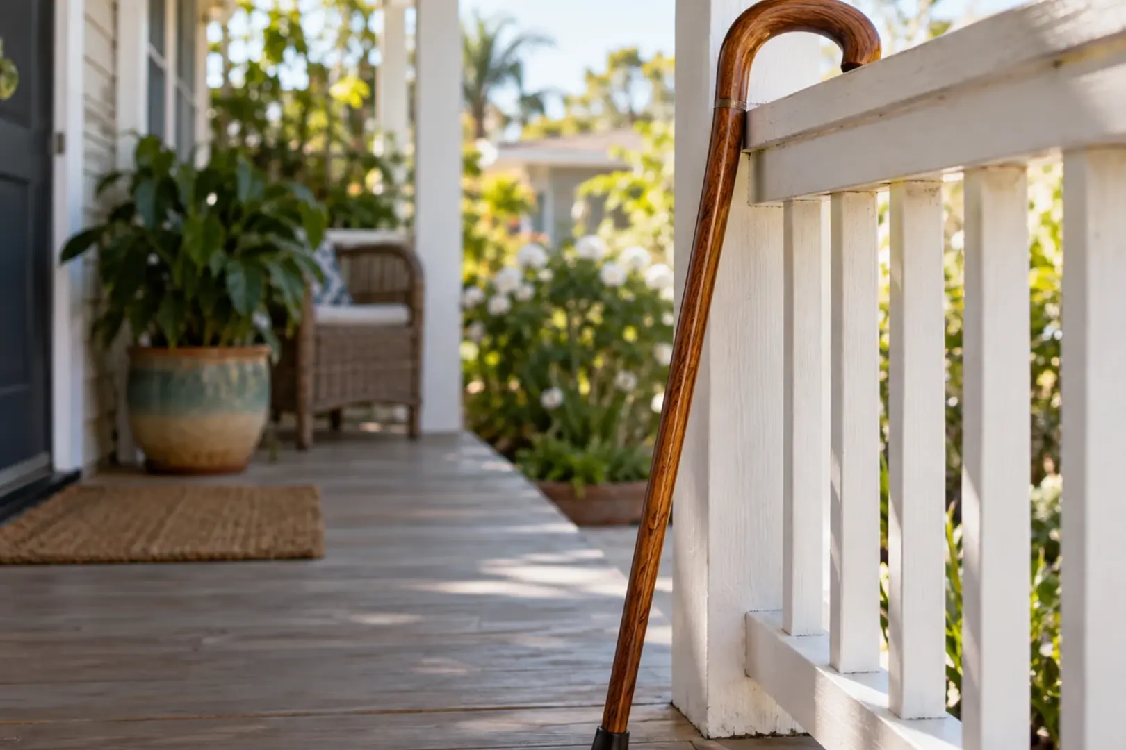 A single wooden cane resting against a porch railing in soft morning light, a Southern California home softly visible behind