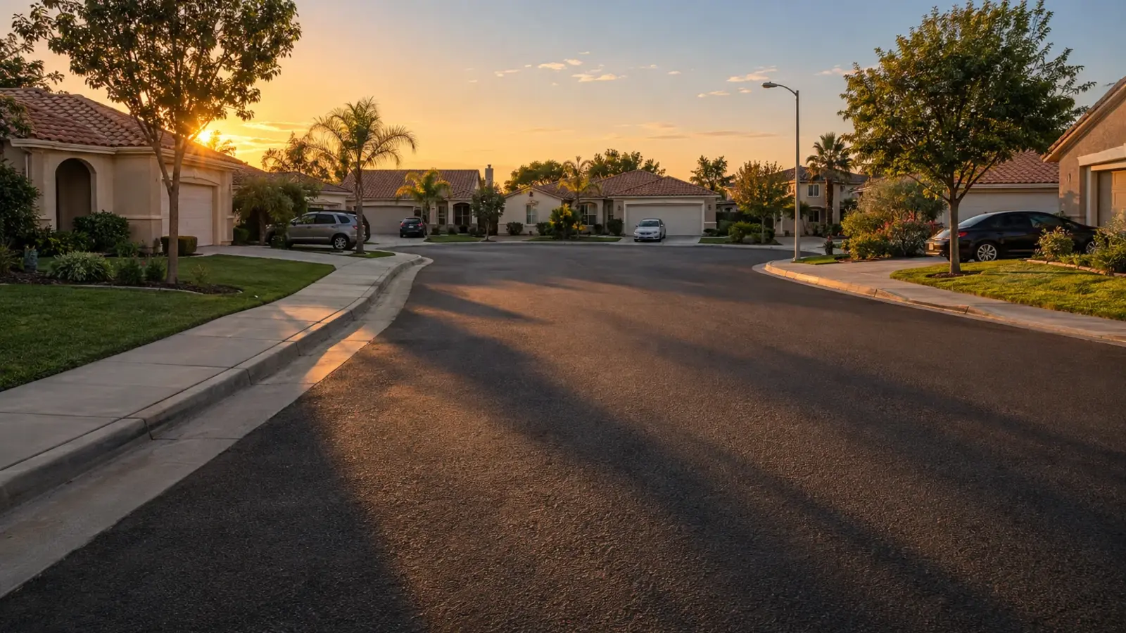 A quiet cul-de-sac of similar stucco homes with tile roofs at golden hour, long shadows across the street, Murrieta CA