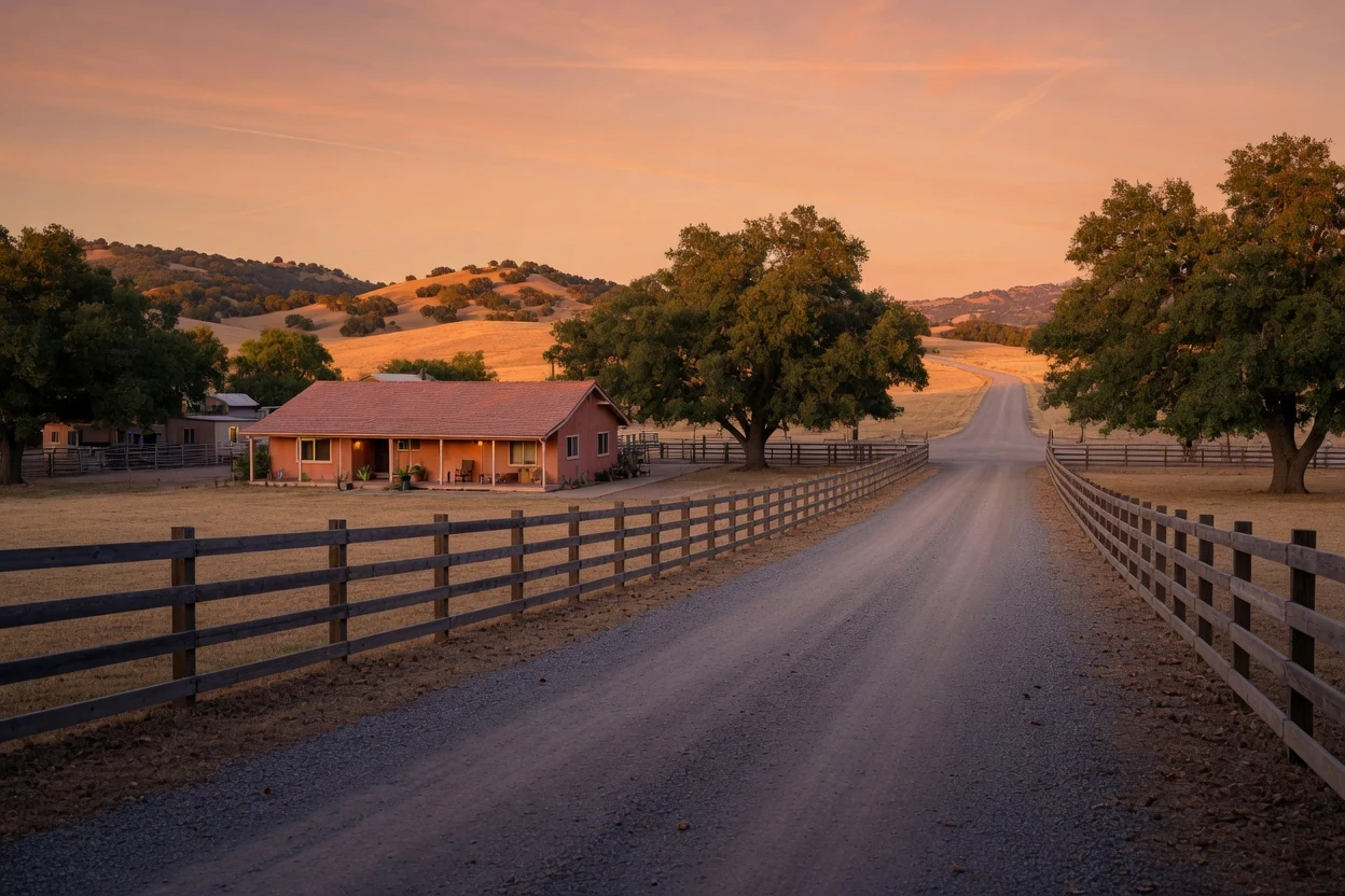 Long driveway leading from a quiet Temecula ranch home toward open road and gold hills at warm dusk, split-rail fencing, Southwest Riverside County CA