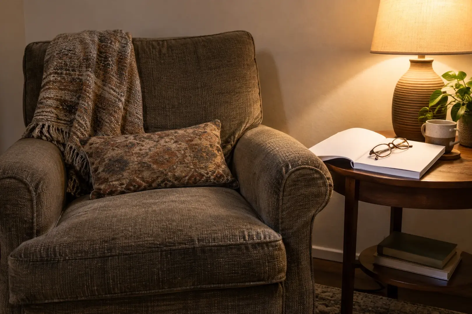 A worn armchair beside a lamplit side table with reading glasses resting on a stack of statement pages, Southern California
