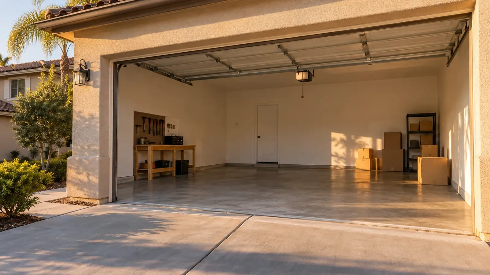 An open two car garage of a stucco home at golden hour with a swept floor, a workbench, and a few stacked boxes, Temecula CA