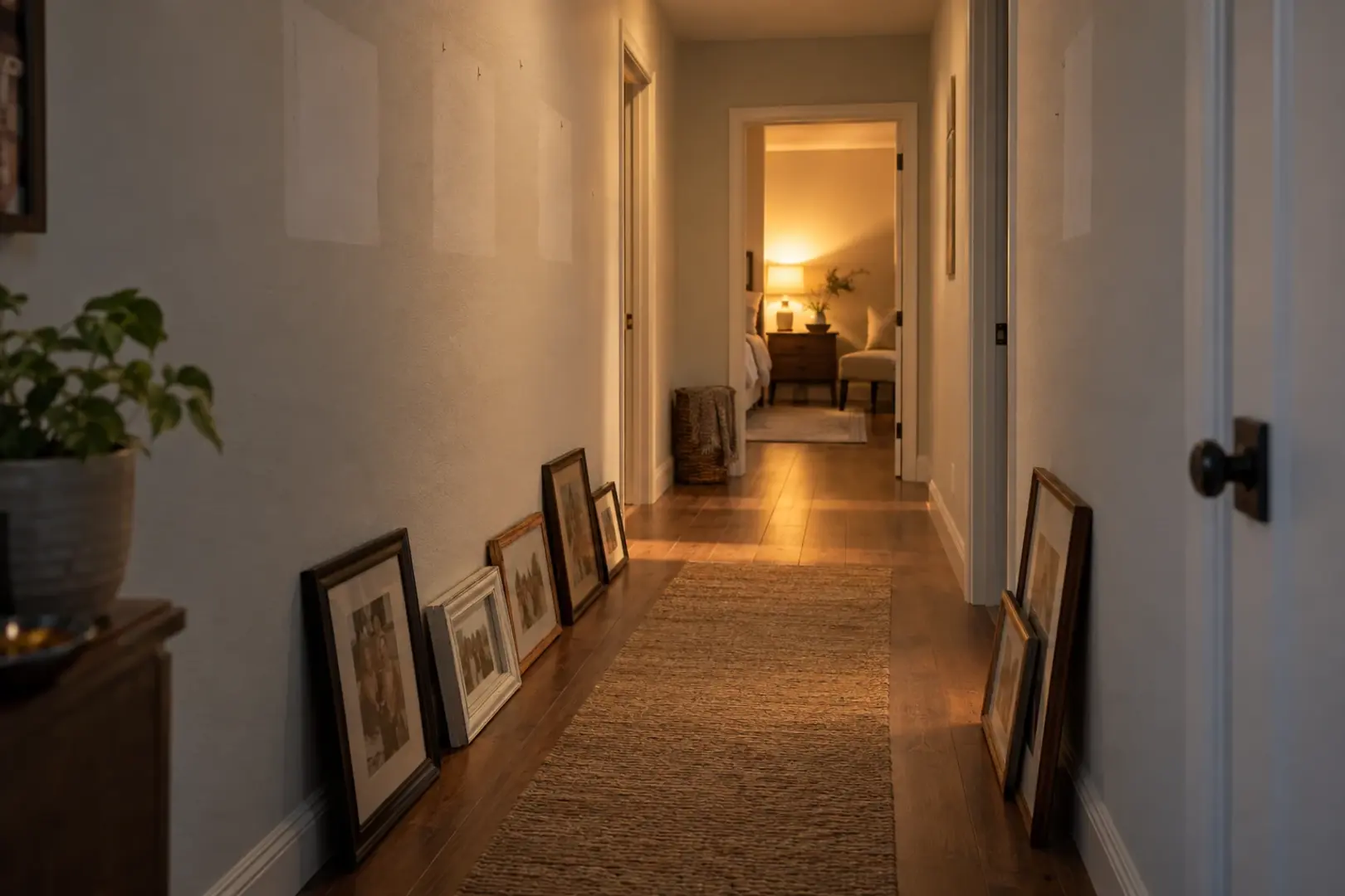 Framed photographs taken down and leaning against a hallway wall, pale rectangles left where they hung, Temecula CA