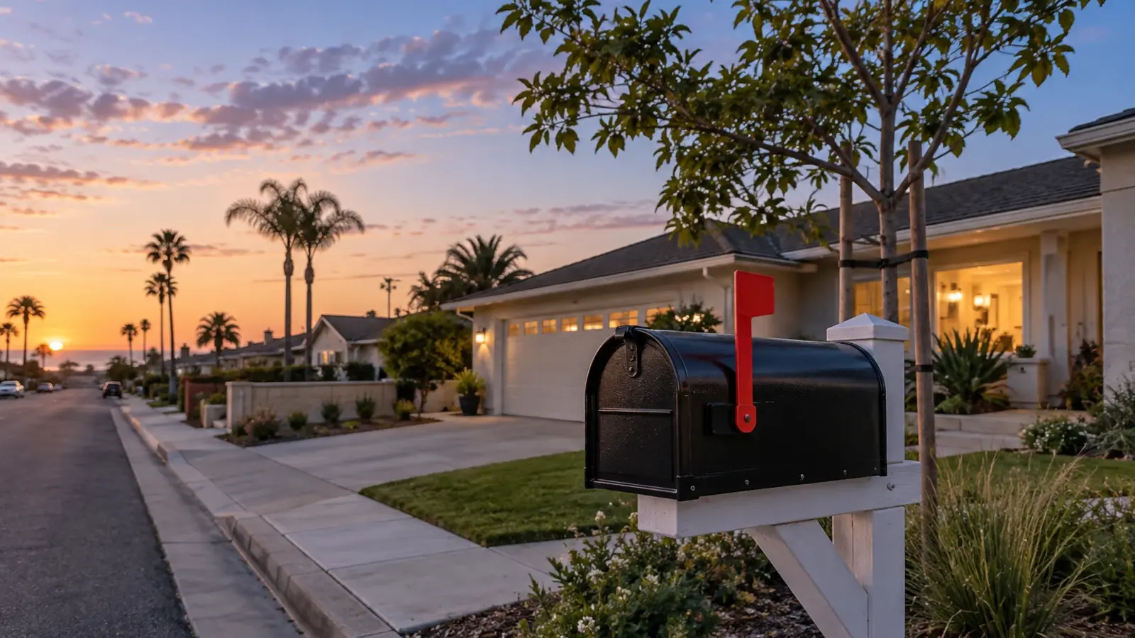 A curbside mailbox with its flag up at twilight on a quiet street with a stucco home softly lit behind it, Oceanside CA
