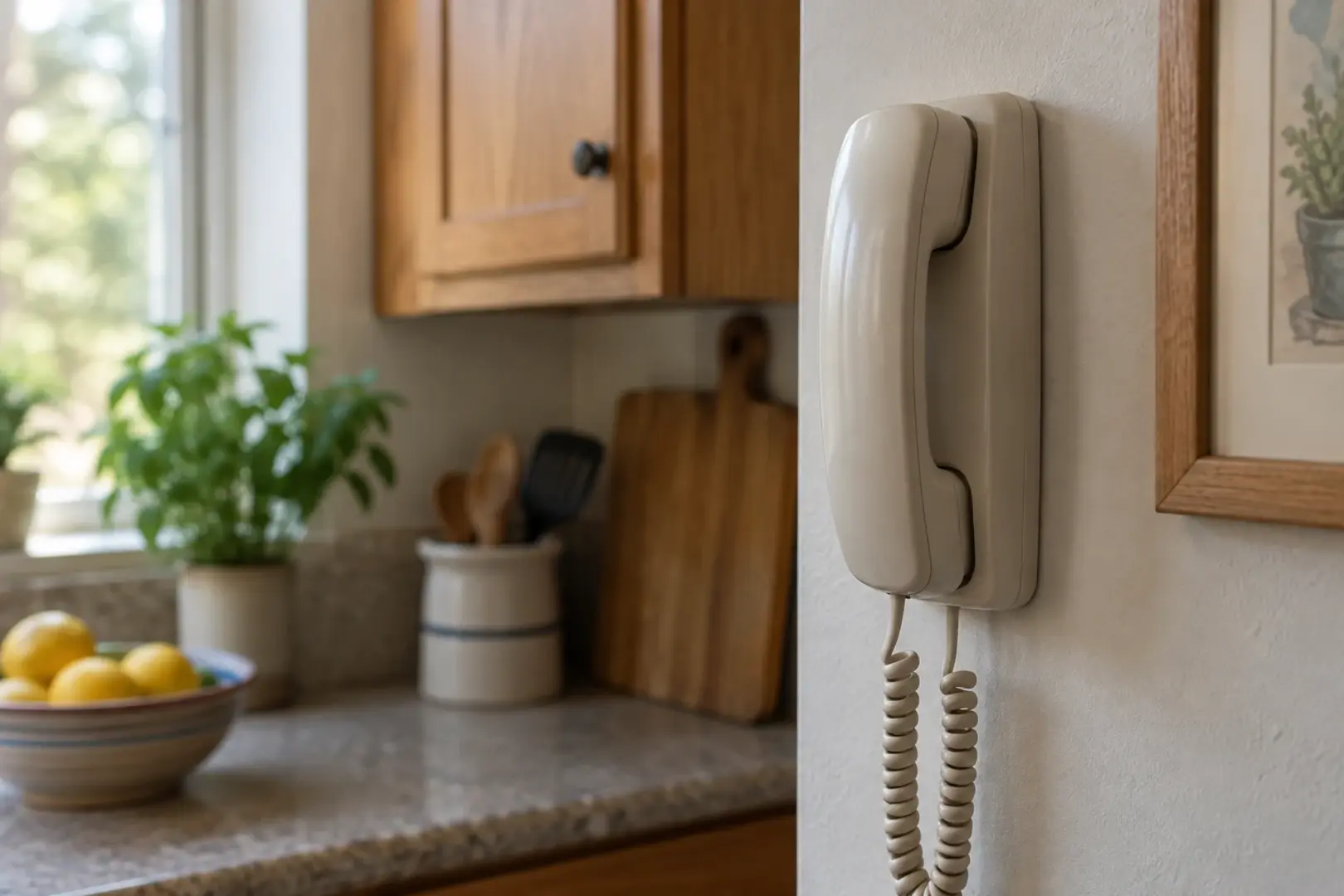 A plain wall mounted telephone handset resting in its cradle in a modest kitchen, soft window light