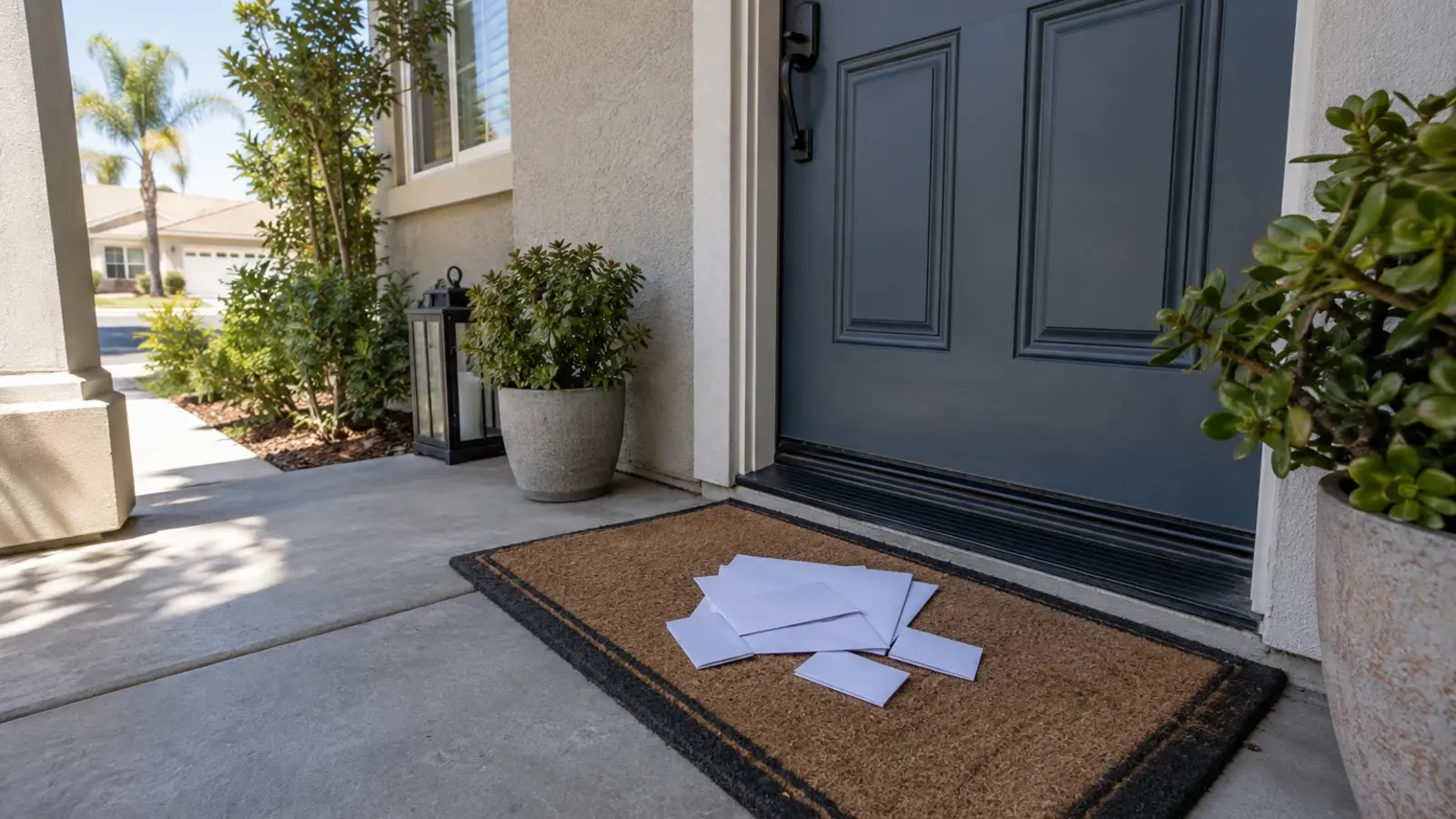 A front porch at midday with a small pile of unsolicited flyers and business cards on the doormat, ordinary daylight, Southern California