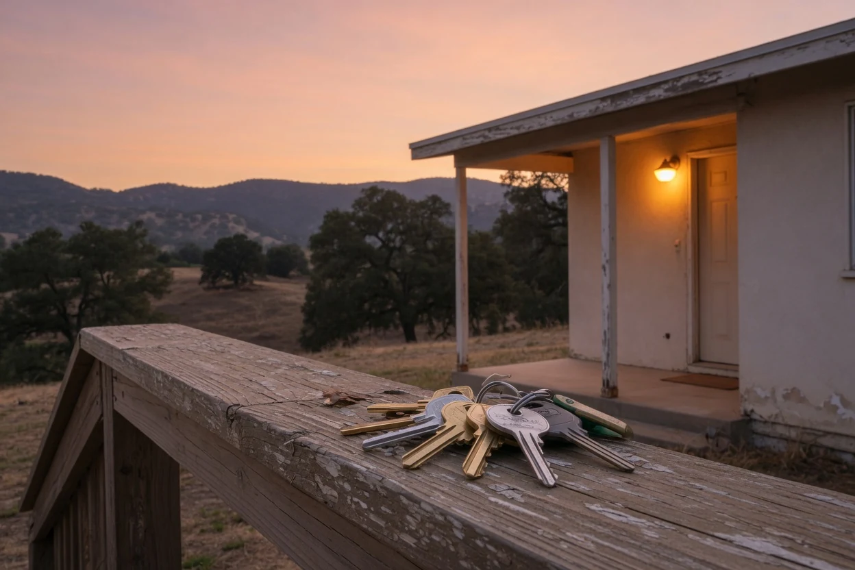 House keys resting on a weathered porch rail at dusk with a lamp glowing by the door, Temecula CA