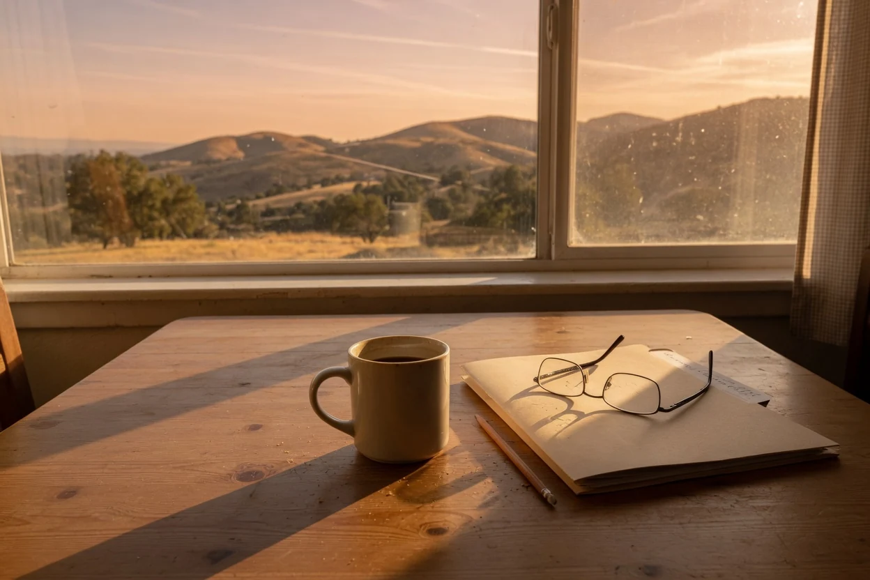 A closed folder of loan papers and reading glasses on a kitchen table by a window, Temecula CA