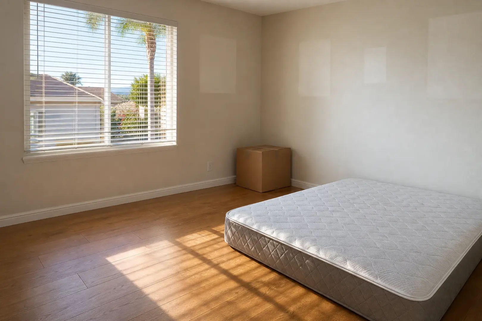 A bedroom stripped to the bare mattress with open blinds and morning light across the floor, Temecula CA