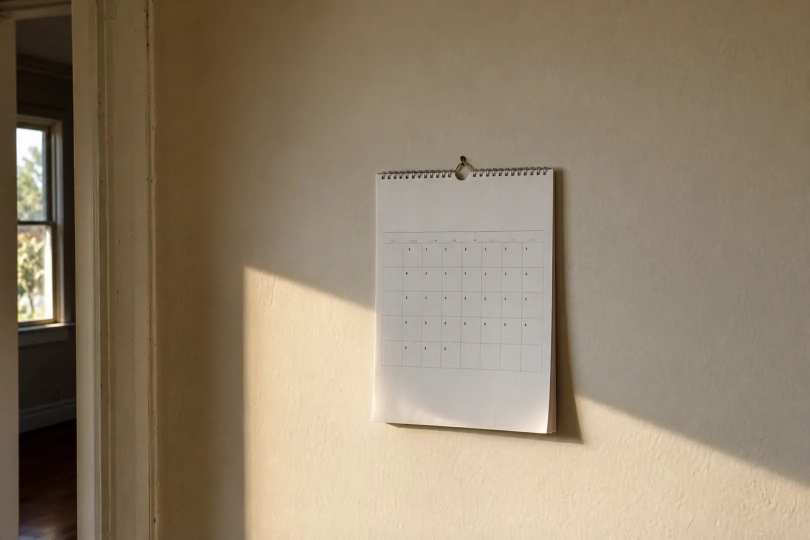 A wall calendar in raking afternoon light against a plain interior wall, Temecula CA