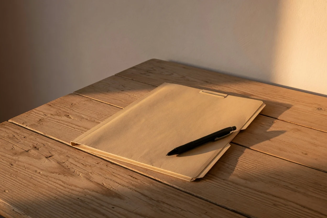 A closed manila folder and a pen on a bare wooden table in warm side light, Temecula CA
