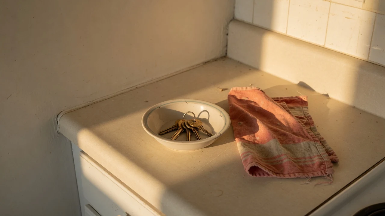 A bowl of house keys and a folded dish towel on a worn kitchen counter in warm late afternoon light, Temecula CA