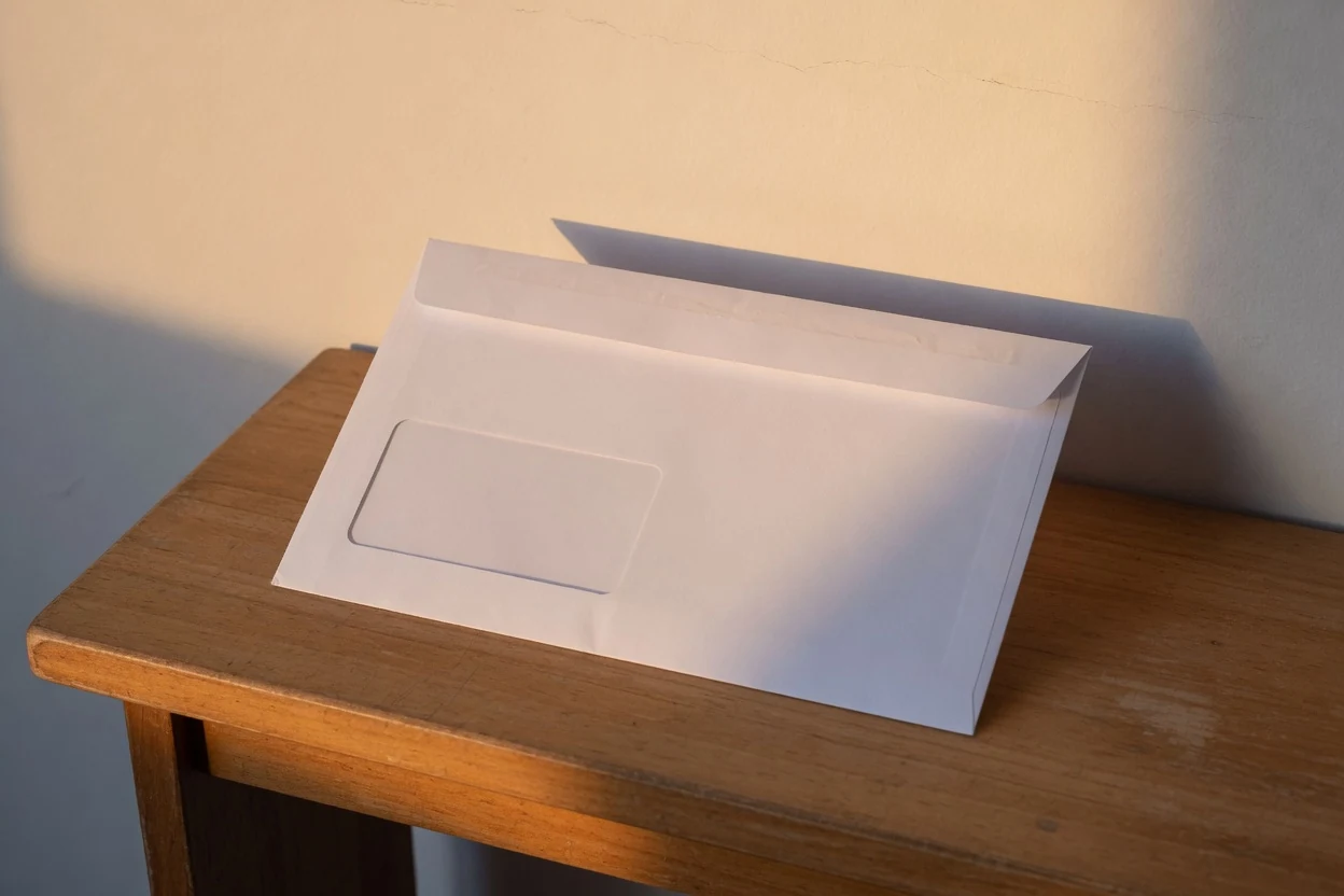 A single plain sealed envelope on a bare wooden console table in warm side light, Temecula CA