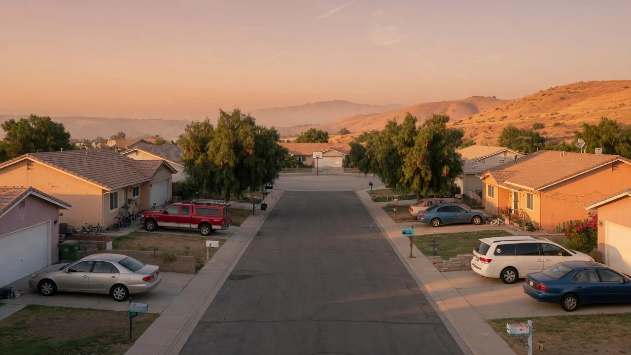 A quiet cul-de-sac of similar single story stucco homes with Spanish tile roofs in warm late afternoon light, Southwest Riverside County CA
