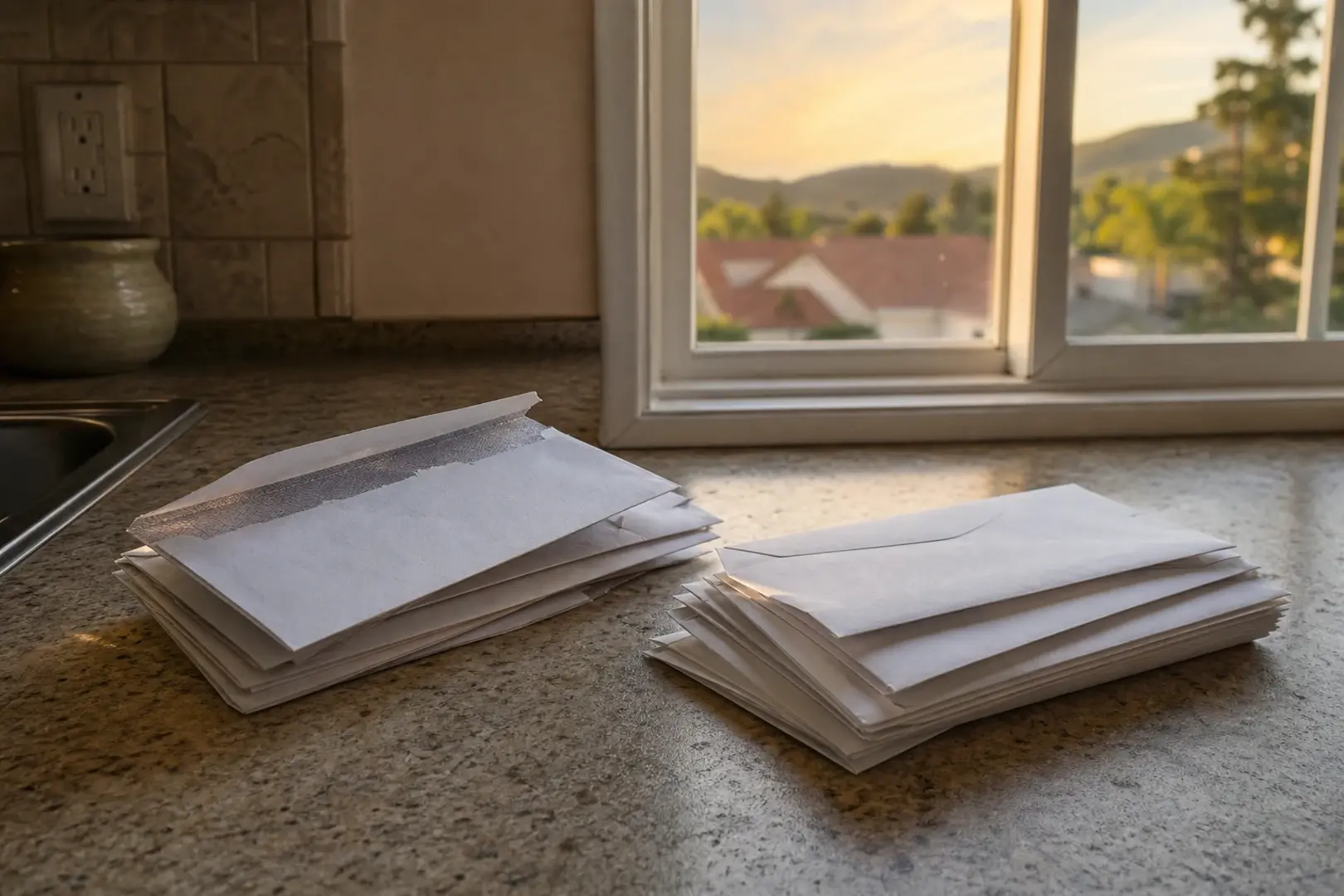 Two small stacks of envelopes, some opened and some still sealed, sitting side by side on a kitchen counter near a window at sunset, Temecula CA