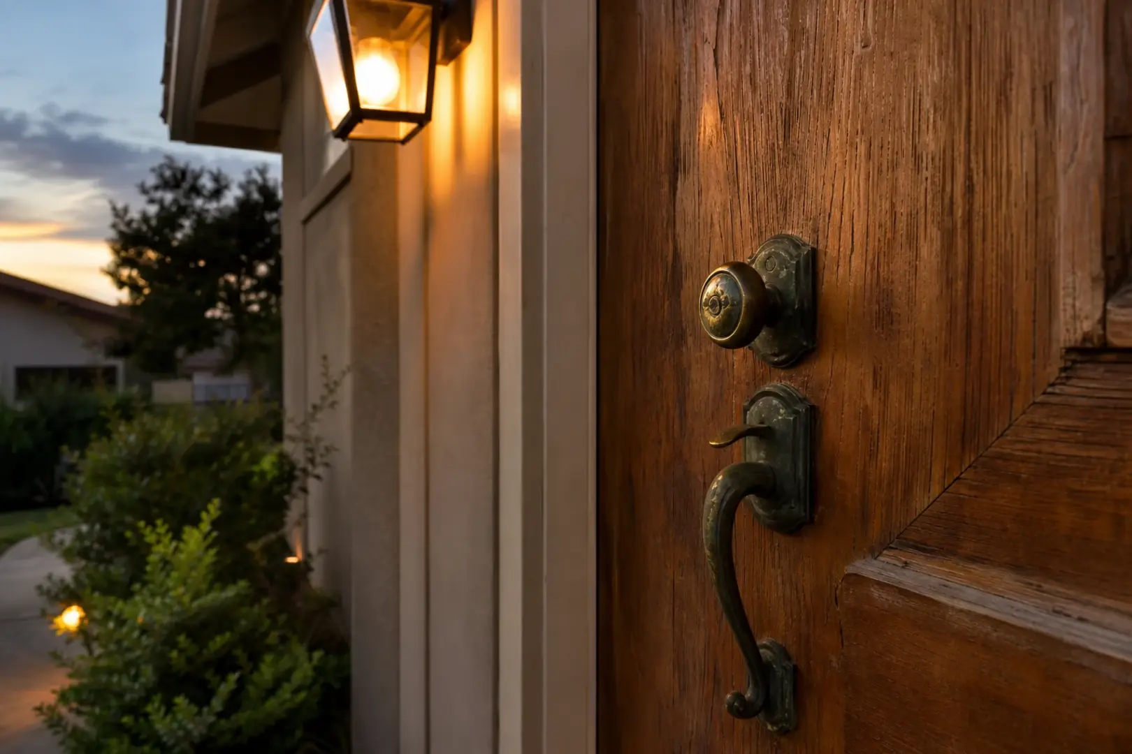 Close view of an old brass doorknob and handle on a wooden front door with a warm porch light glowing above it, Temecula CA