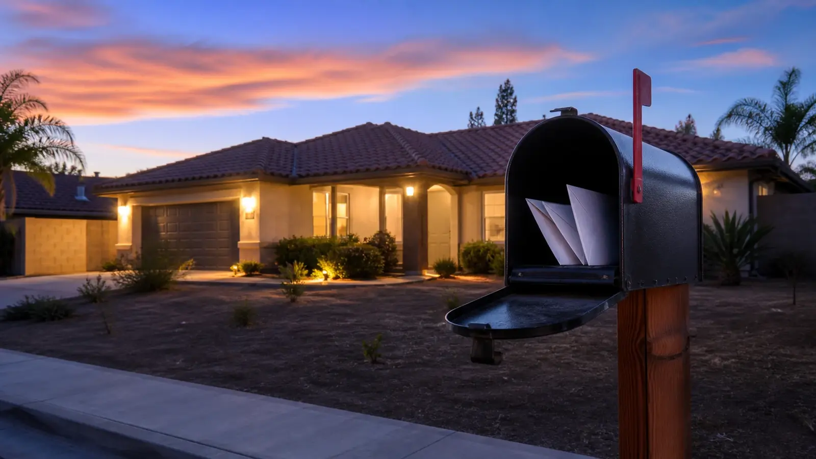 A residential mailbox at the curb at dusk with envelopes visible inside, a stucco ranch home softly lit behind it, Southwest Riverside County CA