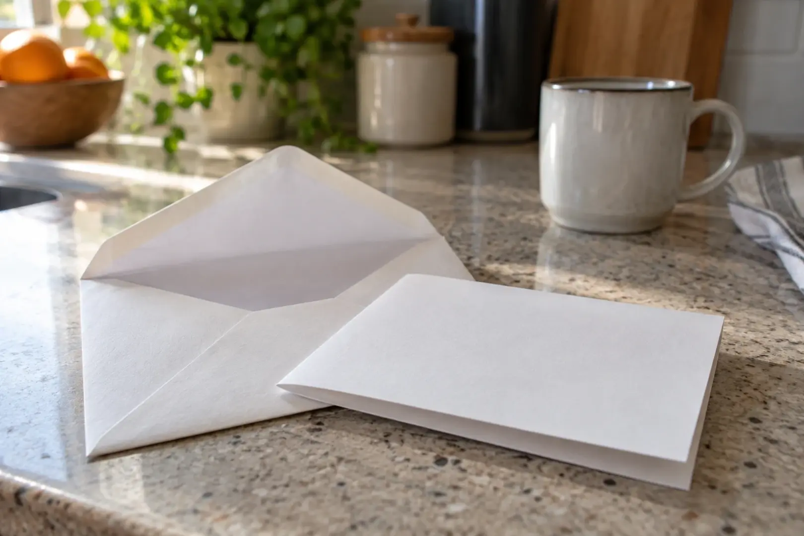 An opened envelope and a single folded letter on a kitchen counter in morning light, a coffee mug out of focus behind