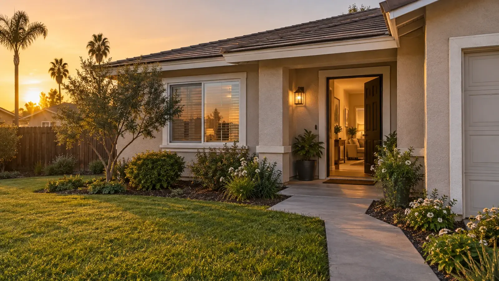 A modest single story home at golden hour with an open front door and warm light inside conveying it stays in the family, Perris CA