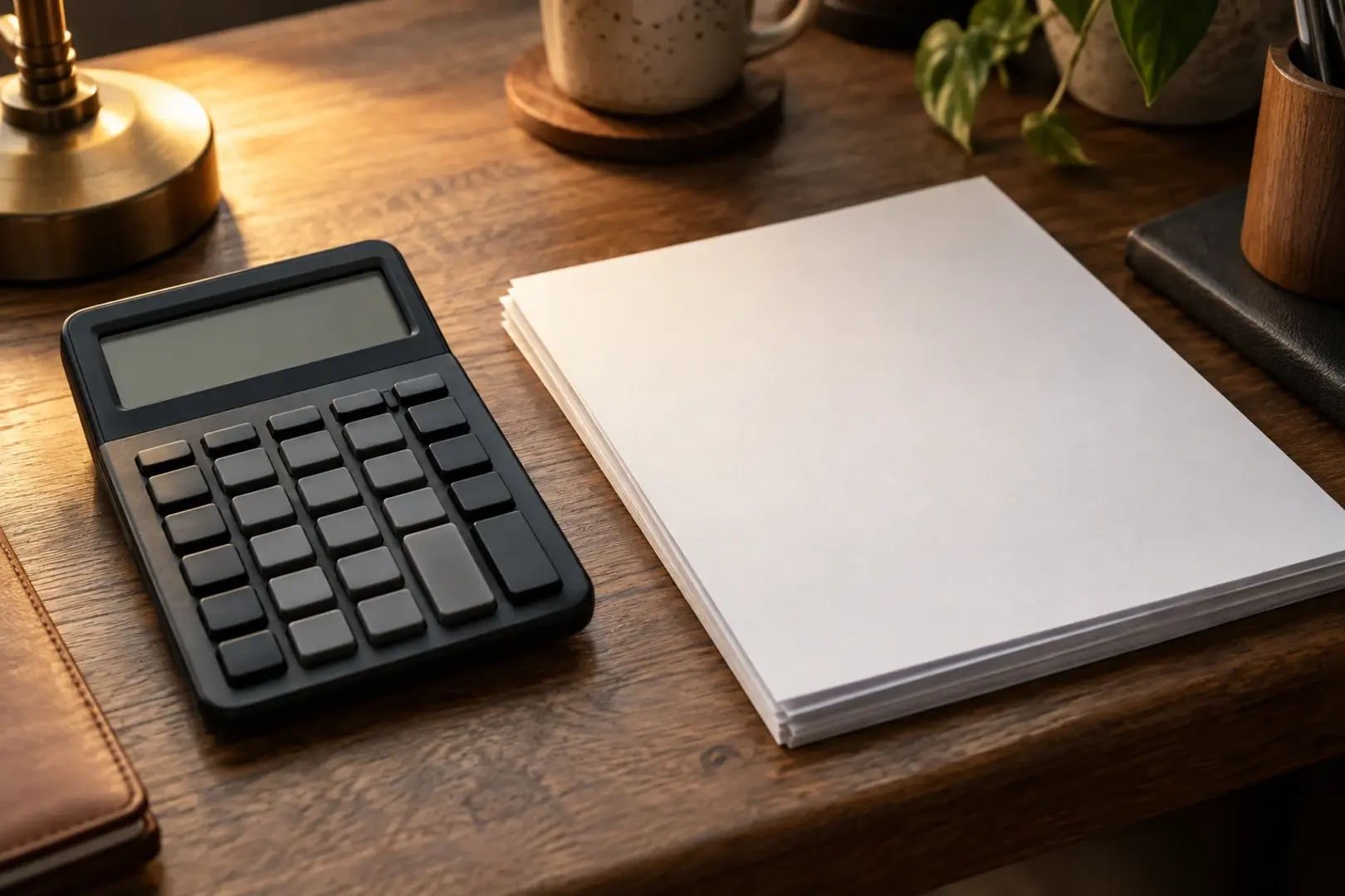 A calculator with a blank display and a short stack of blank papers on a wooden desk under side lamp light