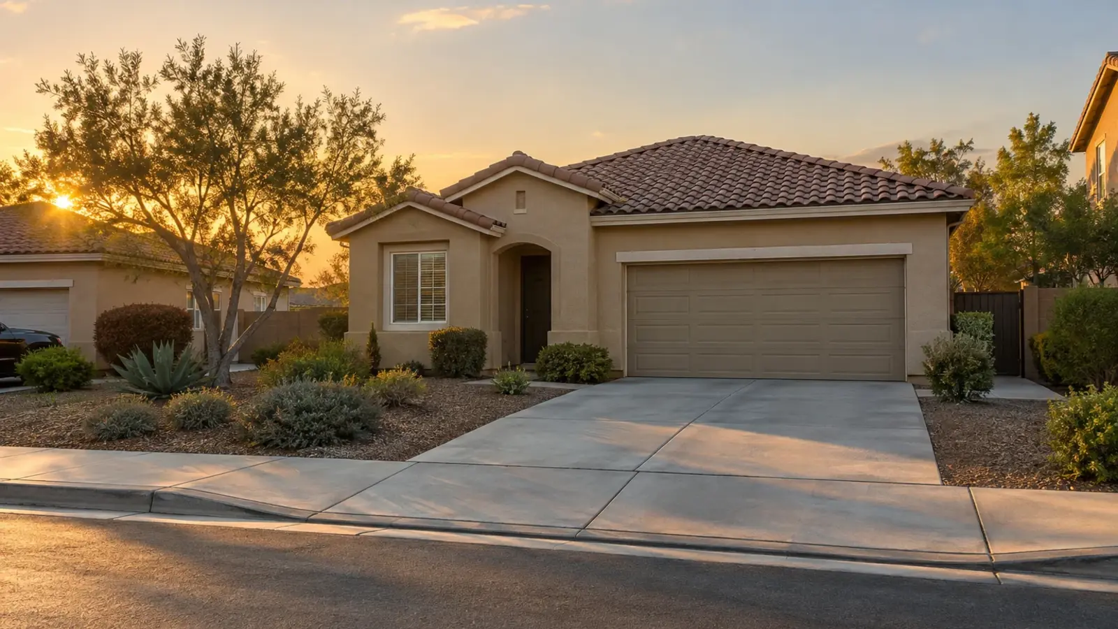 An ordinary, well kept modest stucco home at golden hour, nothing visibly wrong from the street, Corona CA