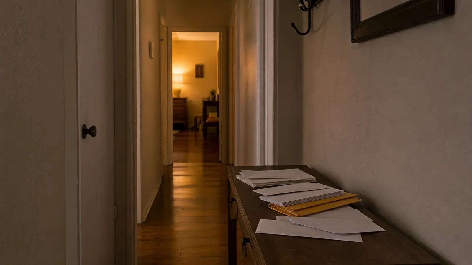A small stack of unopened mail on a console table at the end of a dim hallway, warm light spilling from a room beyond, Temecula CA