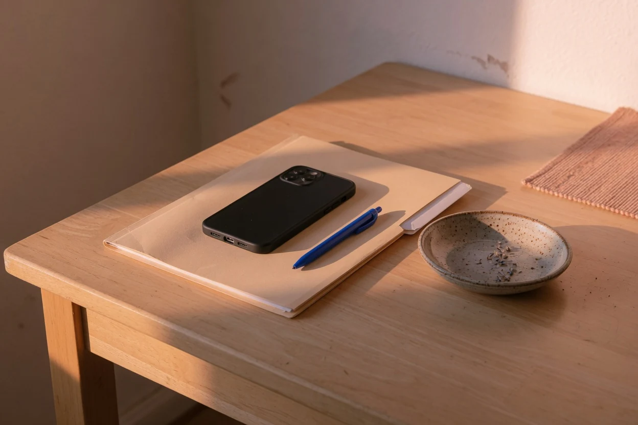 A smartphone resting on a plain folder of papers with a pen on a simple table in warm morning light, Temecula, Southwest Riverside County CA