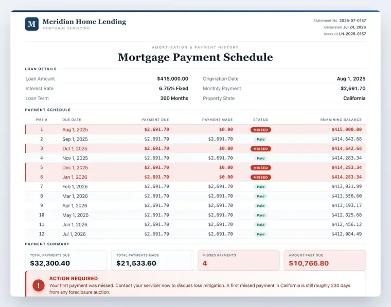 Mortgage payment schedule document with the first payment marked MISSED in red, showing the amount past due and an action-required notice, illustrating a missed mortgage payment in California