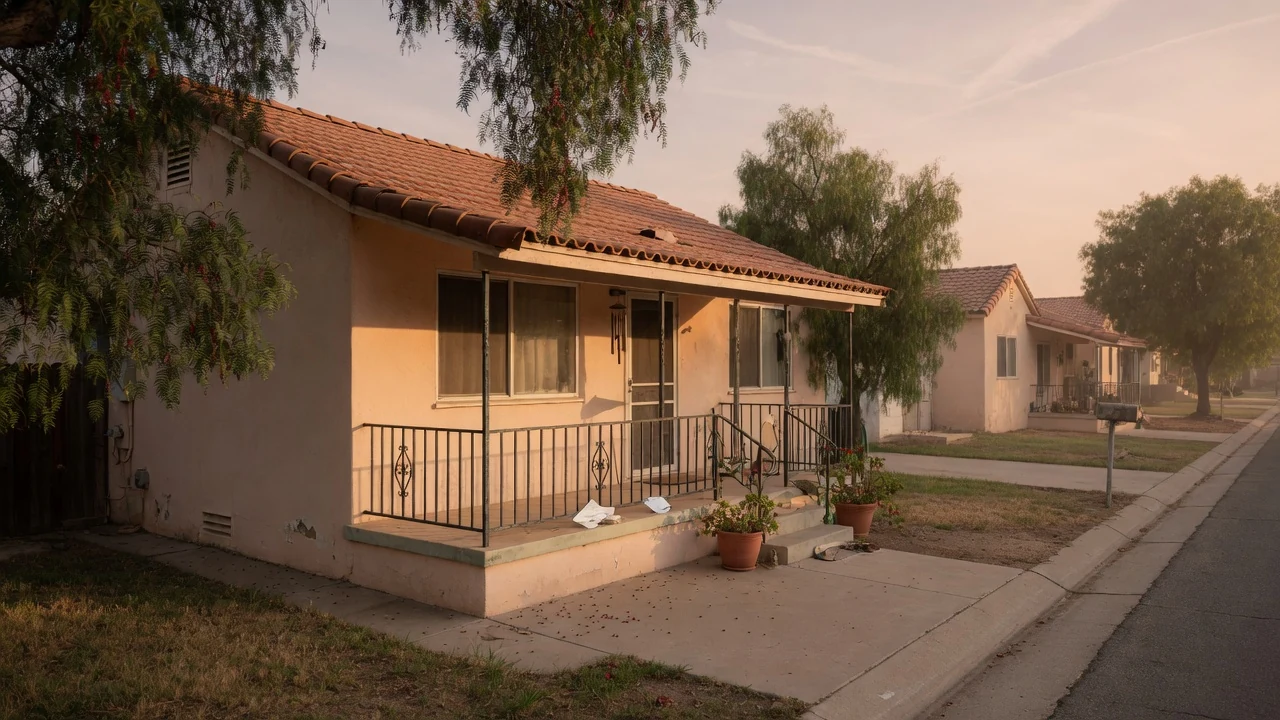 Modest stucco ranch home in Temecula California at golden hour, warm afternoon light across a quiet residential street, Spanish-tile roof, mature pepper trees
