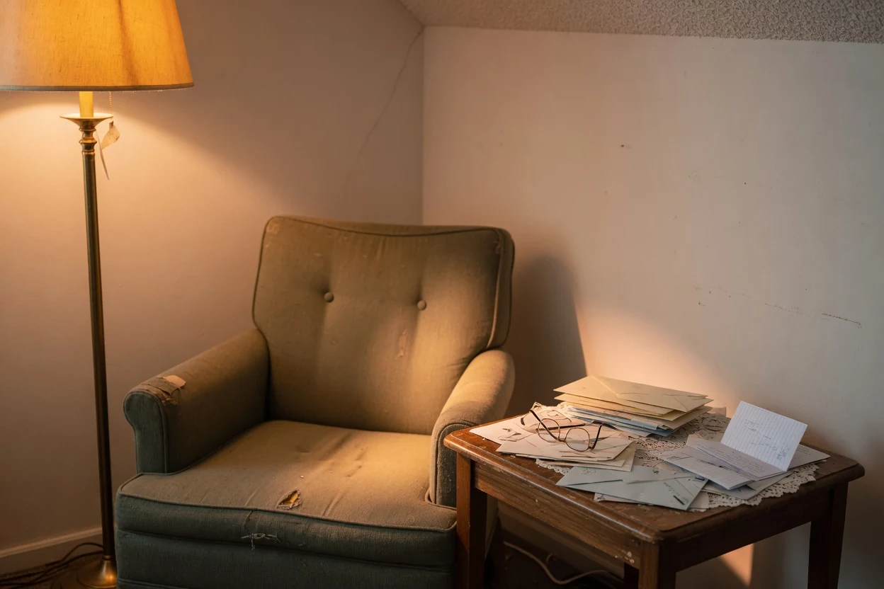 Worn armchair beside a floor lamp with reading glasses and opened envelopes on the side table in a Temecula home, Temecula CA