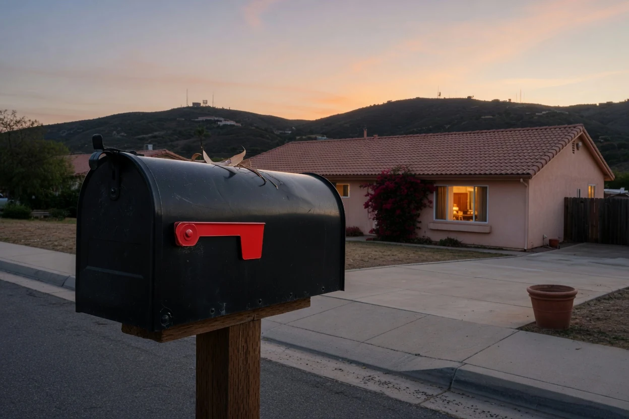 Residential mailbox at the curb at dusk with stucco ranch house and Spanish-tile roof visible behind, Southwest Riverside County CA