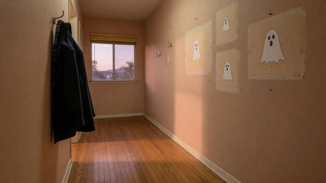 Hallway in a Temecula home with rectangular outlines on the wall where family photos used to hang, warm evening light at the far end of the hall, Temecula CA