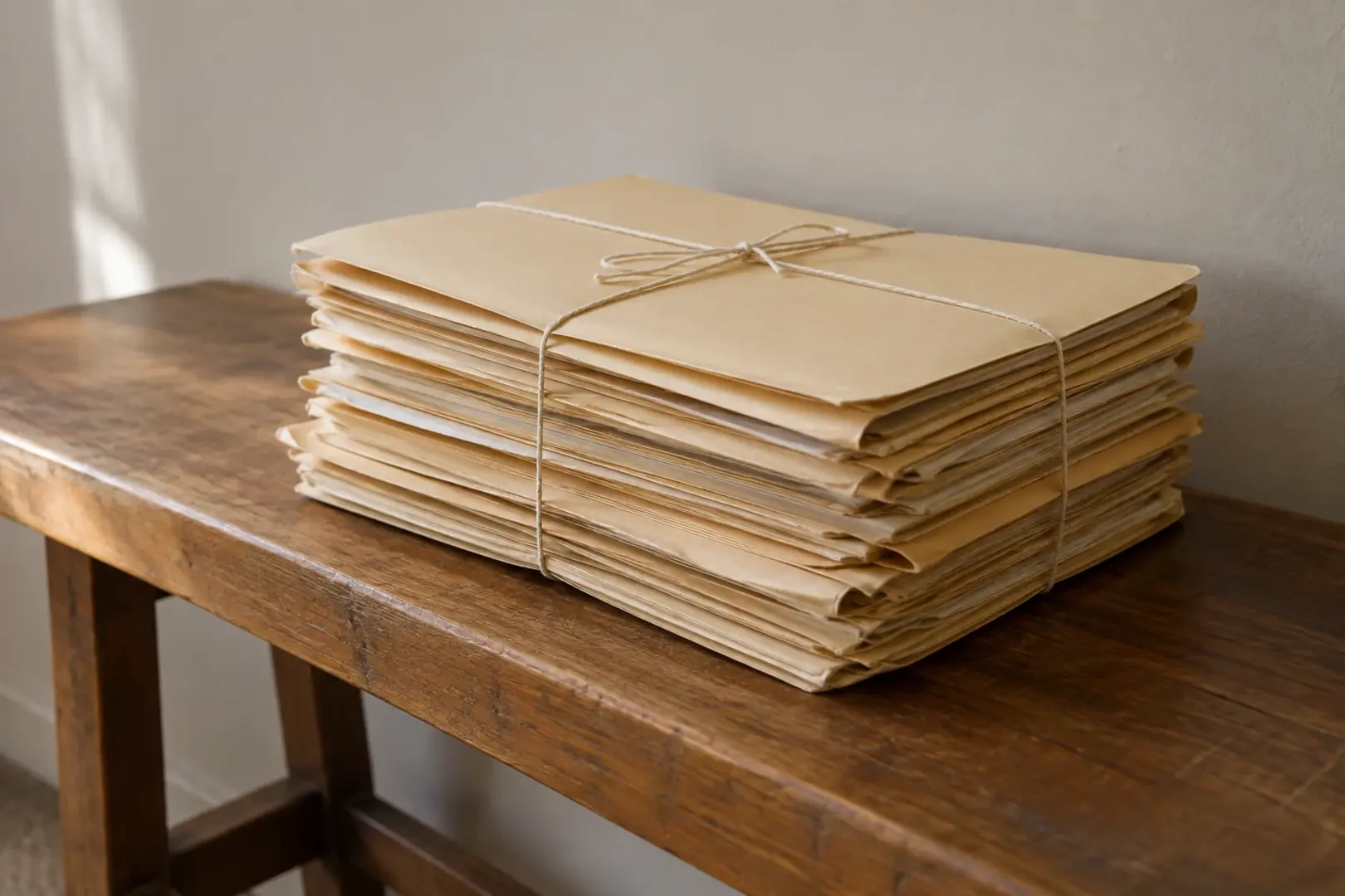 A stack of legal-sized manila folders tied with string on a wooden bench in soft window light, Southern California