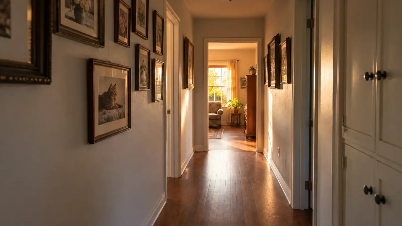 An interior hallway of an older single story home with framed family photographs still hanging, warm late afternoon light from a room at the end of the hall, worn wood floor, Riverside CA