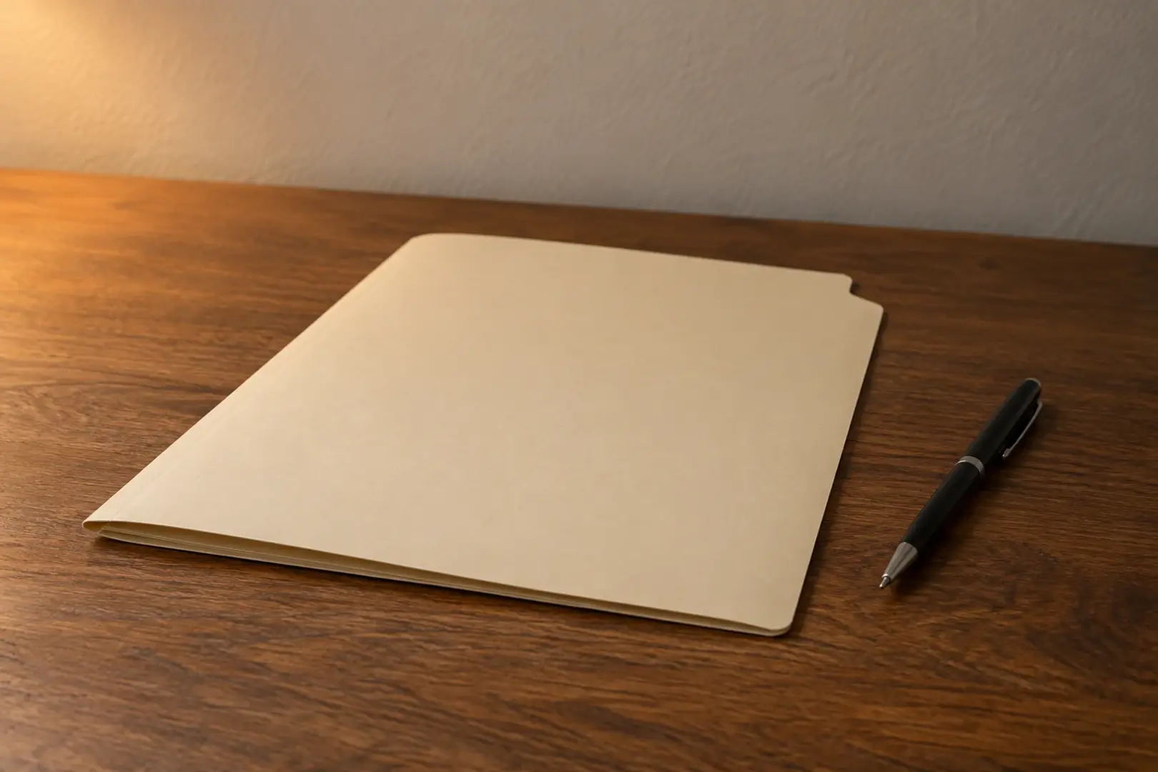 A closed manila folder and a pen on a bare wooden desk under lamplight, Southern California