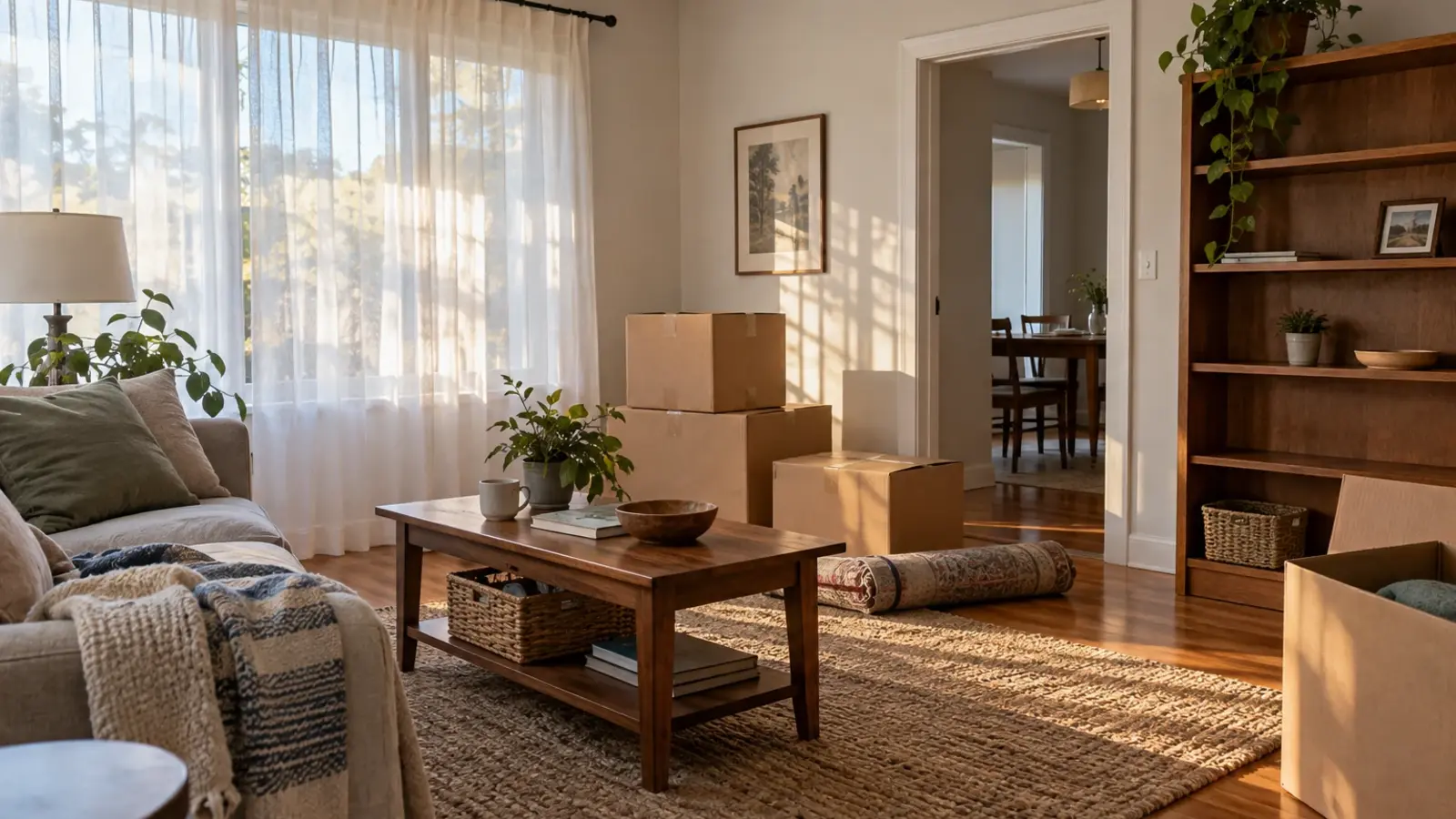 A living room mid pack with a half empty bookshelf, a rolled rug, and taped boxes in afternoon light, Southern California