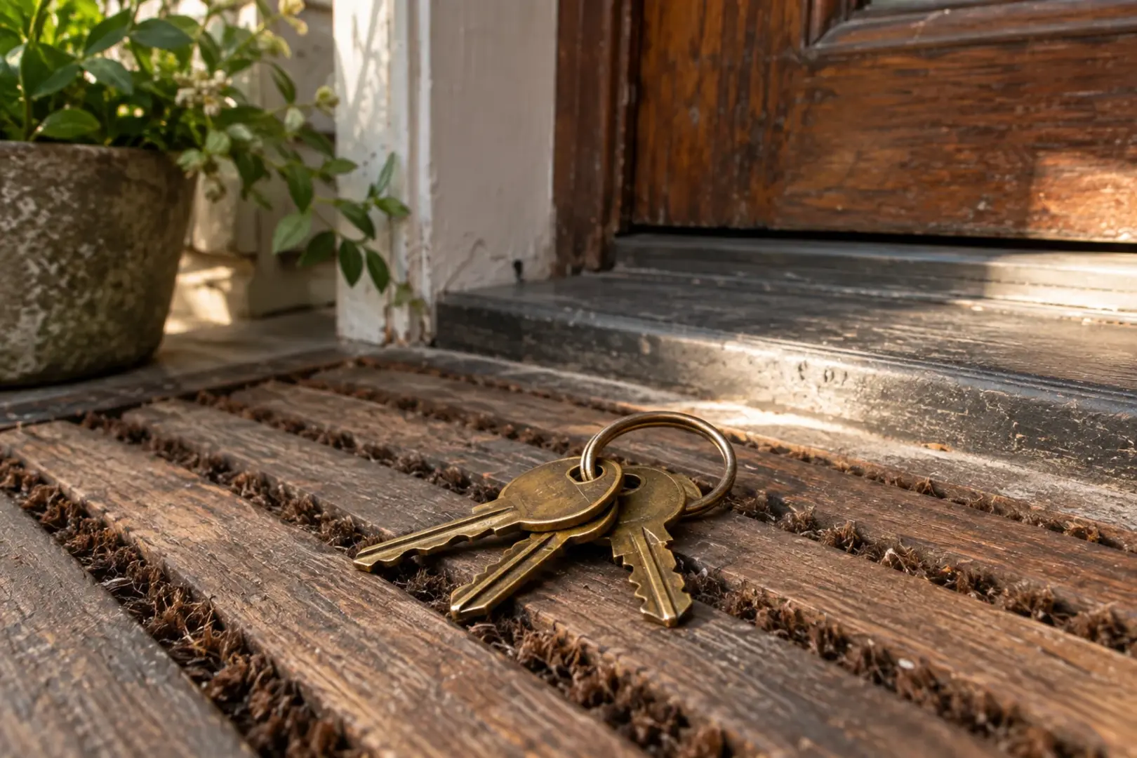 A set of old brass house keys resting on a worn wooden doormat at a front door threshold in soft morning light