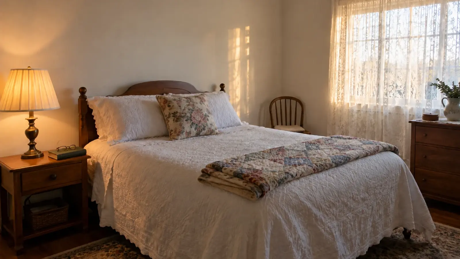 A quiet older bedroom in a modest Southern California home, a made bed with a folded quilt, a nightstand with reading glasses and a closed book, soft late light through lace curtains