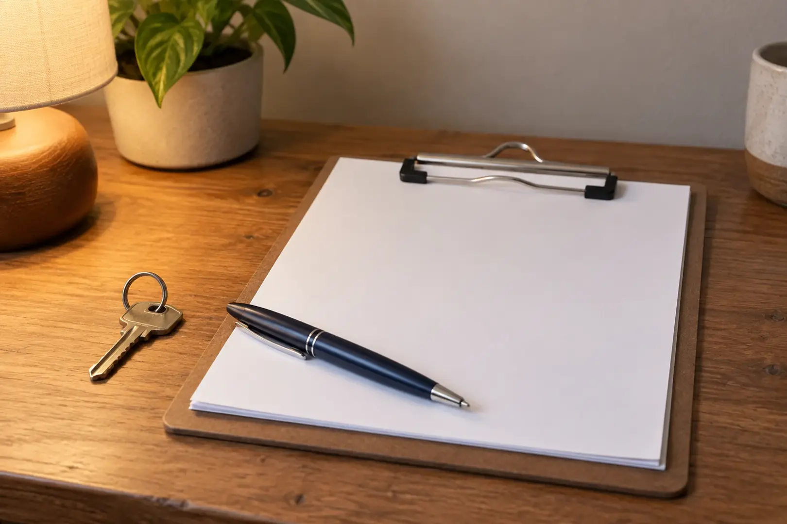 A clipboard of blank pages, a pen, and a house key on a plain wooden desk under lamplight, Southern California