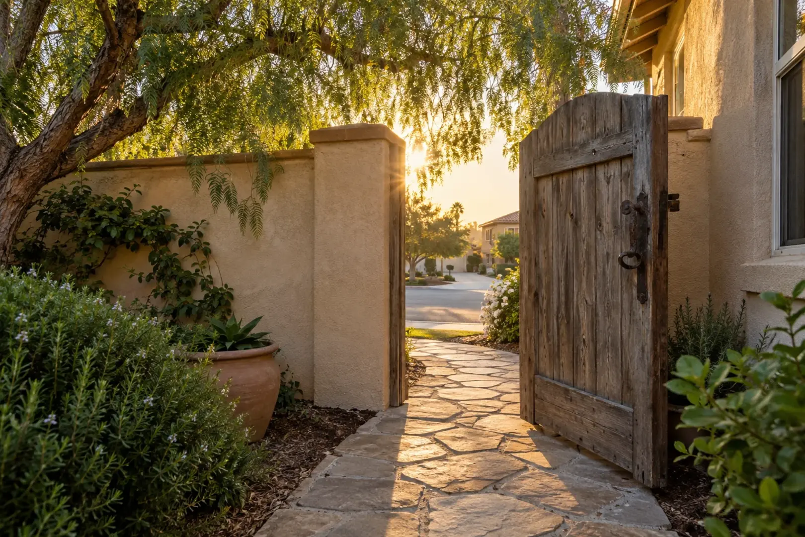 A weathered wooden side gate standing open in a stucco garden wall with evening light on the stone path, Temecula CA