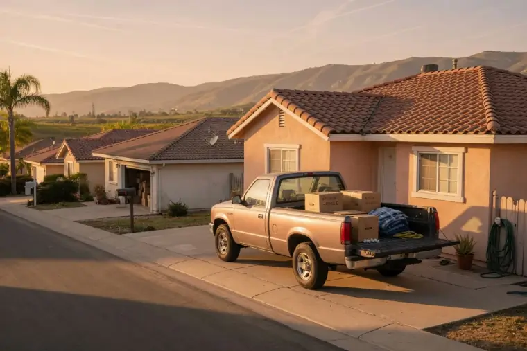 Pickup truck with its tailgate down holding packed moving boxes in the driveway of a stucco home at golden hour, Temecula CA