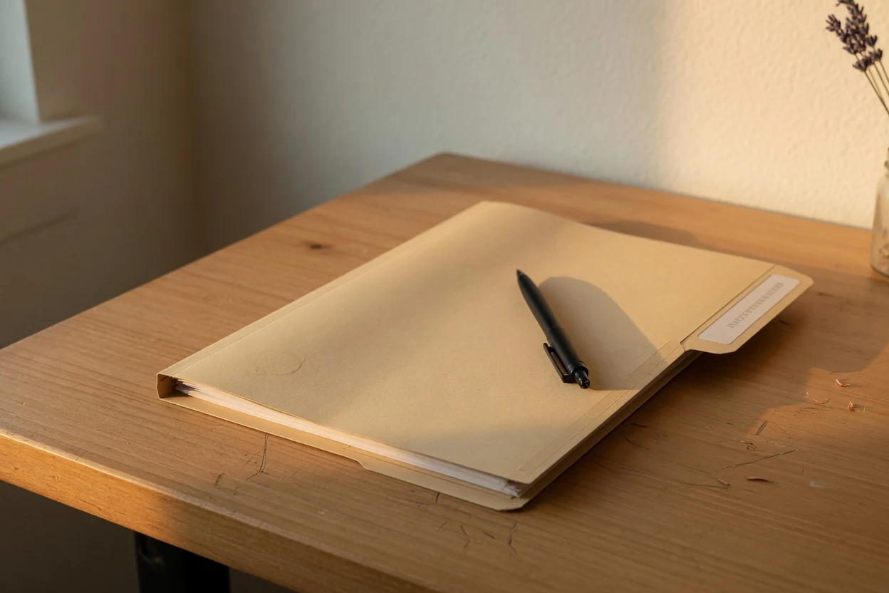 A closed folder of documents with a pen on a wooden desk in warm afternoon light inside a modest home, Temecula CA