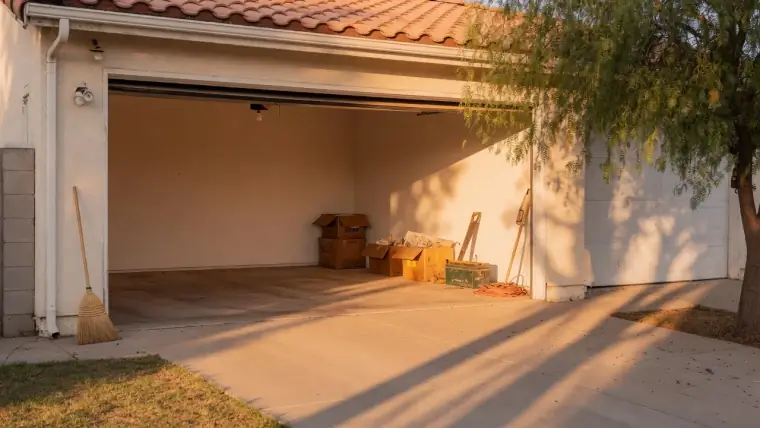 Warm evening light spilling into an open garage with moving boxes and old tools left behind at a stucco home, Temecula CA