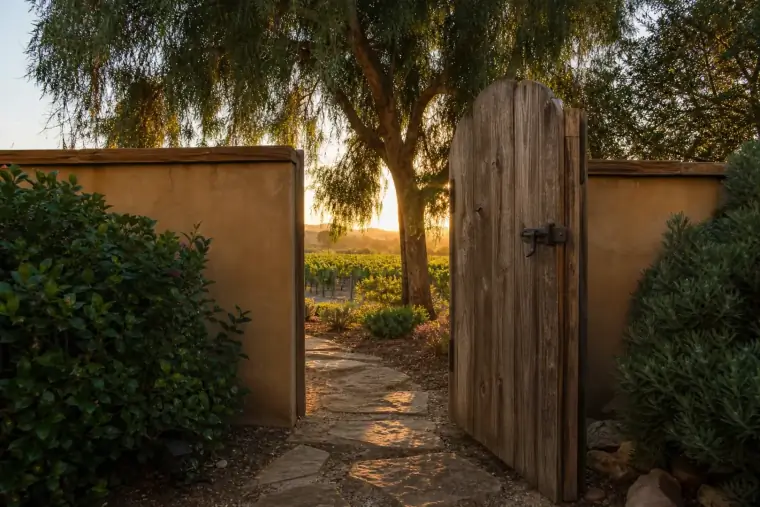 A wooden side gate standing open in a low stucco garden wall at golden hour with a stone path beyond, Temecula CA
