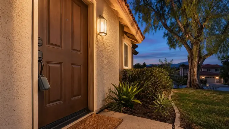 A real estate lockbox on the front door handle of a stucco home at twilight with the porch light on, Temecula CA