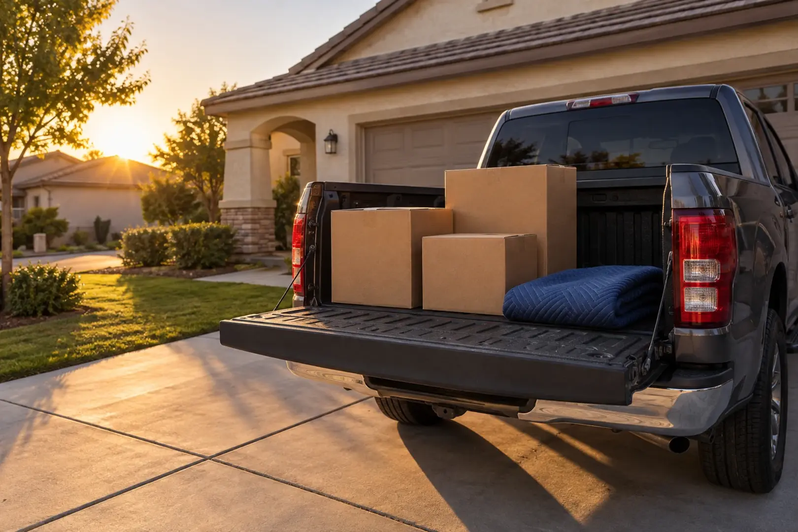A pickup truck tailgate lowered in a driveway with three cardboard boxes and a folded moving blanket, warm golden hour light, Murrieta CA